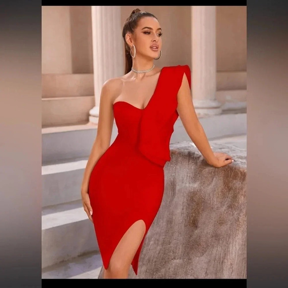 ADYCE One Shoulder Exaggerated Ruffle Trim Split Thigh Hem Bandage Dress - Picture 2 of 6